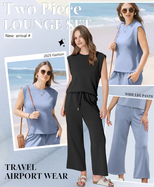 💕50% RABATT🌺2025 Neue Frauen Casual Cap Sleeve Top Wide Leg Crop Pants Zweiteilige Sets