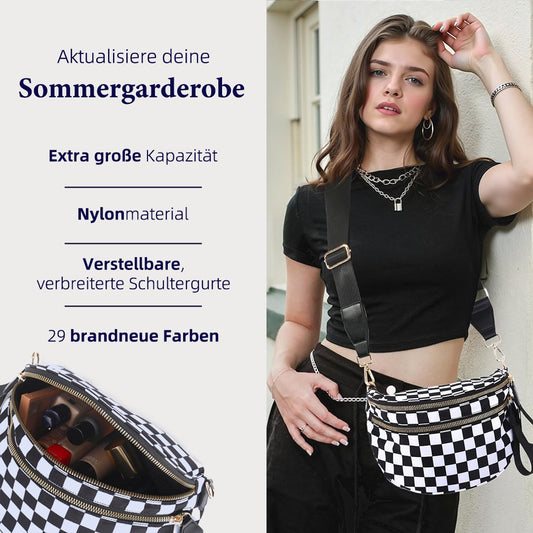 🎁Limitierter Rabatt🔥Schwarz-weiß kariertes Nylon-Bauchtasche