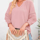 👚Lässige Damen-T-Shirts mit 3/4-Lantern-Ärmeln und V-Ausschnitt; plissierte, locker sitzende Bluse mit Aussparungen