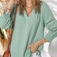 👚Lässige Damen-T-Shirts mit 3/4-Lantern-Ärmeln und V-Ausschnitt; plissierte, locker sitzende Bluse mit Aussparungen