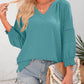 👚Lässige Damen-T-Shirts mit 3/4-Lantern-Ärmeln und V-Ausschnitt; plissierte, locker sitzende Bluse mit Aussparungen
