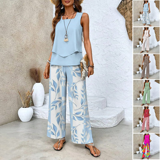 Modischer, bedruckter zweiteiliger Damen-Outfit mit ärmellosem Oberteil & Hose