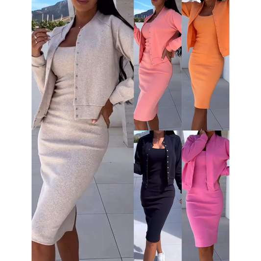 ⏳Begrenzte Zeit 50% Rabatt💥Set aus figurbetontem Kleid und Jacke mit Spaghettiträgern